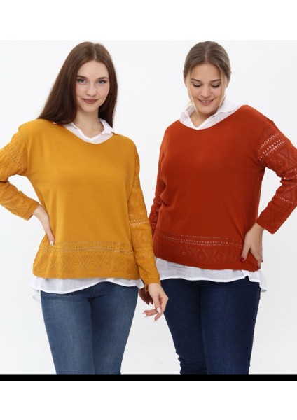 Örme Ajurlu Yumoş Triko Bluz ve Beyaz Keten Gömlek Kombin indirimleri