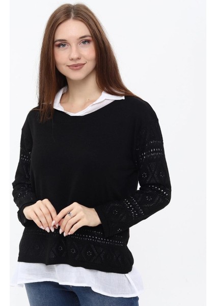 Örme Ajurlu Yumoş Triko Bluz ve Beyaz Keten Gömlek Kombin