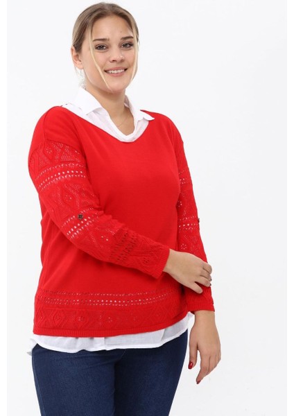 Örme Ajurlu Yumoş Triko Bluz ve Beyaz Keten Gömlek Kombin