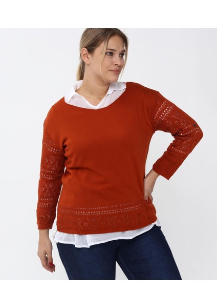 Örme Ajurlu Yumoş Triko Bluz ve Beyaz Keten Gömlek Kombin