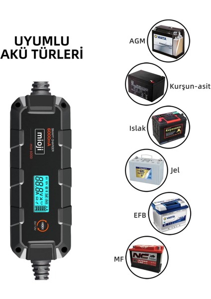 Mio 6000 6A 6V ve 12V Araba Şarj, Akü Bakım, Damlama Şarj Cihazı ve Motosiklet, ATV, Lityum ve Derin Döngülü Aküler için Kükürt Giderici Akıllı  Akü Şarj Cihazı