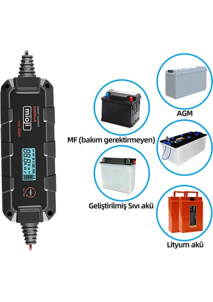 Mio 6000 6A 6V ve 12V Araba Şarj, Akü Bakım, Damlama Şarj Cihazı ve Motosiklet, ATV, Lityum ve Derin Döngülü Aküler için Kükürt Giderici Akıllı  Akü Şarj Cihazı