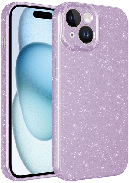 Apple iPhone 15 Plus Kılıf Kamera Korumalı Simli Lüks Koton Kapak Lila