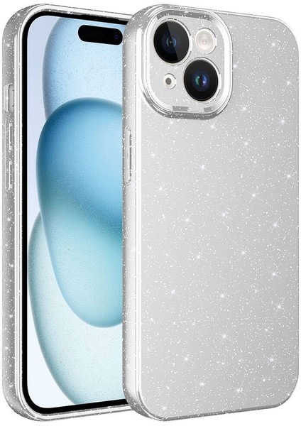 Apple iPhone 15 Plus Kılıf Kamera Korumalı Simli Lüks Koton Kapak Gümüş
