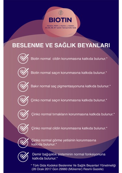 Biotin 60 Kapsül (Keratin, Vitamin B3, B5, B6, B7 Içeren Takviye Edici Gıda