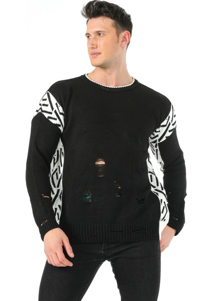 Fashion Tarz Da Yırtıklı Intersiye Desen Bisiklet Yaka Spor Triko Kazak