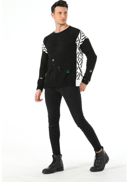 Fashion Tarz Da Yırtıklı Intersiye Desen Bisiklet Yaka Spor Triko Kazak