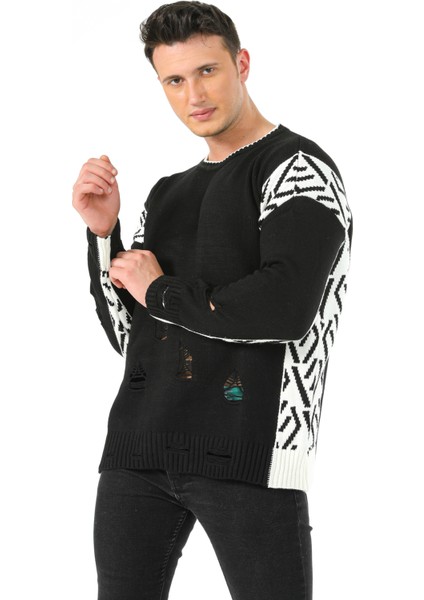 Fashion Tarz Da Yırtıklı Intersiye Desen Bisiklet Yaka Spor Triko Kazak