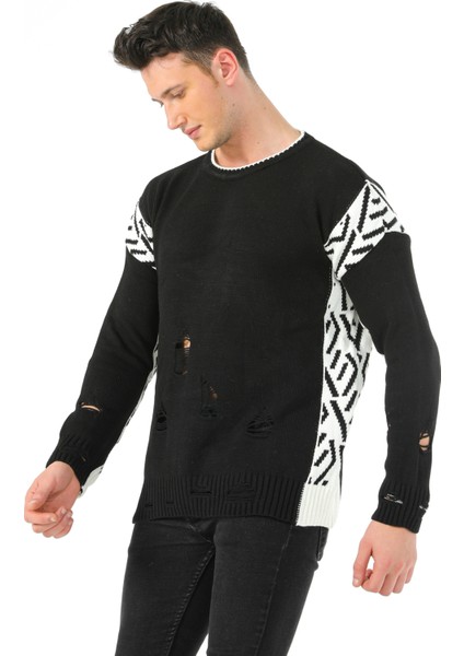 Fashion Tarz Da Yırtıklı Intersiye Desen Bisiklet Yaka Spor Triko Kazak
