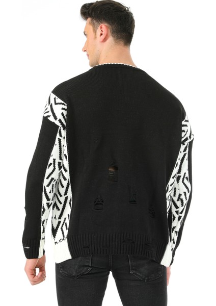 Fashion Tarz Da Yırtıklı Intersiye Desen Bisiklet Yaka Spor Triko Kazak