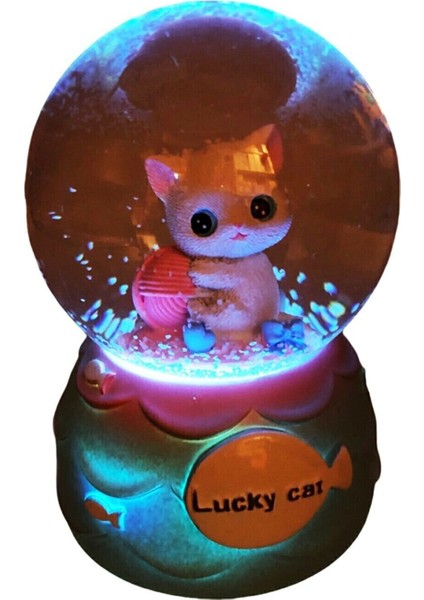 Sevimli Minnoş Kedi Lucky Cat Kar Küresi Orta Boy Hediye Işıklı Müzikli Kar Küresi