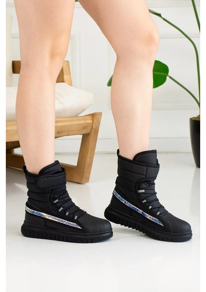 920 Siyah Kürklü Kadın Düz Kar Botu