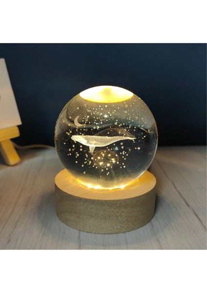 Kristal Toplu USB Kablolu Ahşap Kaideli Balina Küre Obje LED Işık