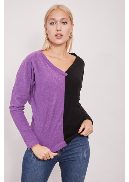 Polar Havlu V Yaka Çift Renkli Uzun Kol Sweat-Lila Siyah