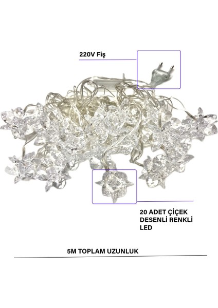 Çiçek Desenli Renkli 20'li Dekoratif LED Yılbaşı Süsleme Aydınlatma 5m Fişli