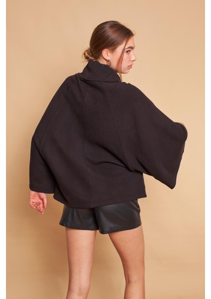 Degaje Yaka Balıkçı Yarasa Model Rahat Kesim Oversize Triko Bluz-Siyah modelleri