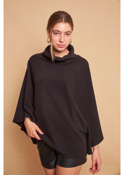 Degaje Yaka Balıkçı Yarasa Model Rahat Kesim Oversize Triko Bluz-Siyah indirimleri