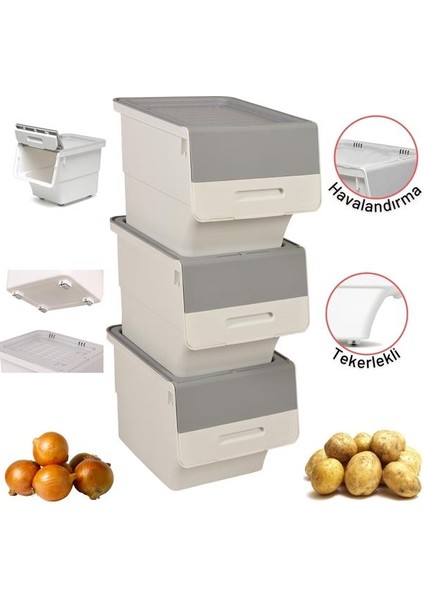 Motek Tekerlekli Patateslik Soğanlık Oyuncak Kutusu Patateslik Soğanlık Sepeti 3X12LT Beyaz+Gri