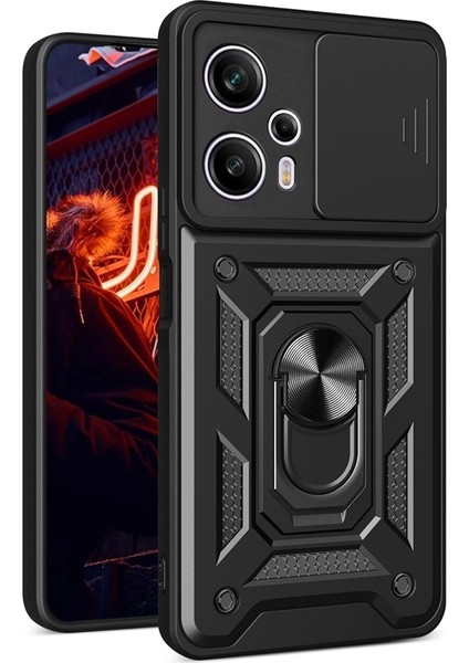 Xiaomi Poco F5 Kılıf Yüzüklü Sürgülü Kamera Korumalı Pars + Ekran Koruyucu