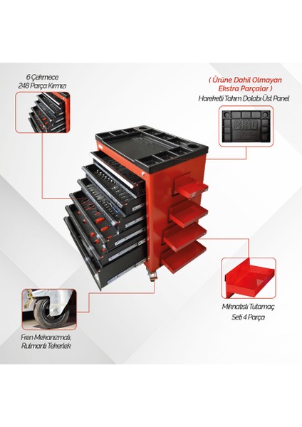 Hareketli Tekerlekli Takım Dolabı Takım Arabası 6 Çekmeceli Kilitli Pro Plus 248 Parça Kırmızı Dolu