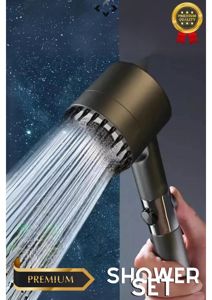 Black Shower Set Basınçlı Filtreli 3 Kademeli Turbo Duş Başlığı 150 cm Duş Hortumu Kendinde