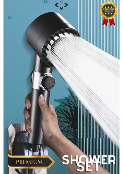 Black Shower Set Basınçlı Filtreli 3 Kademeli Turbo Duş Başlığı 150 cm Duş Hortumu Kendinde