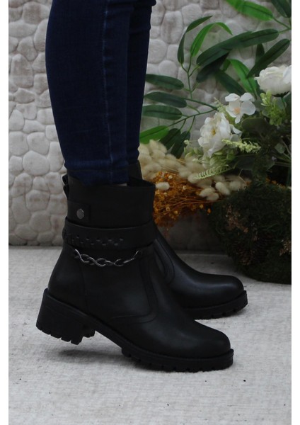 42840 Siyah Orijinal Deri Içi Kürklü Kaymaz Taban Kadın Bot