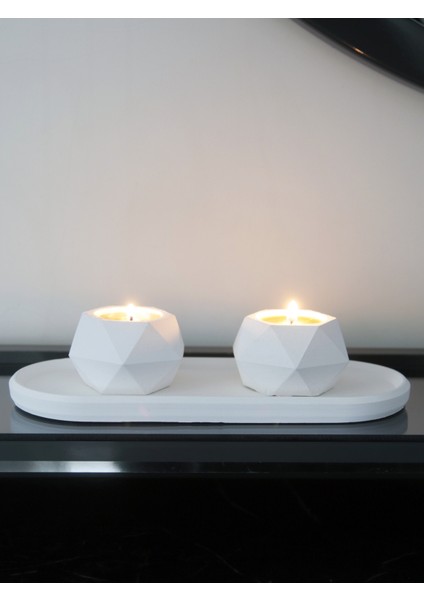 Geometrik Tealight Beton Mumluk, Oval Tabaklı Dekoratif Hediyelik Set Ham Beyaz