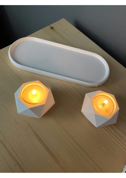 Geometrik Tealight Beton Mumluk, Oval Tabaklı Dekoratif Hediyelik Set Ham Beyaz