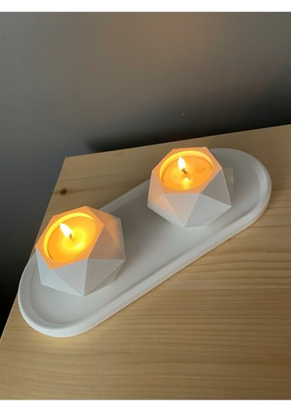 Geometrik Tealight Beton Mumluk, Oval Tabaklı Dekoratif Hediyelik Set Ham Beyaz