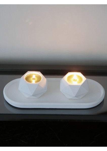 Geometrik Tealight Beton Mumluk, Oval Tabaklı Dekoratif Hediyelik Set Ham Beyaz