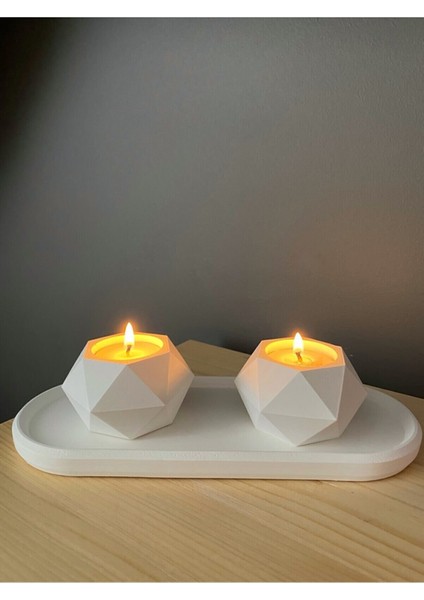 Geometrik Tealight Beton Mumluk, Oval Tabaklı Dekoratif Hediyelik Set Ham Beyaz