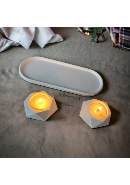 Dekoratif Beton Tabaklı Geometrik Tealight Mumluk Seti ( Tealight Mumlar Dahildir)