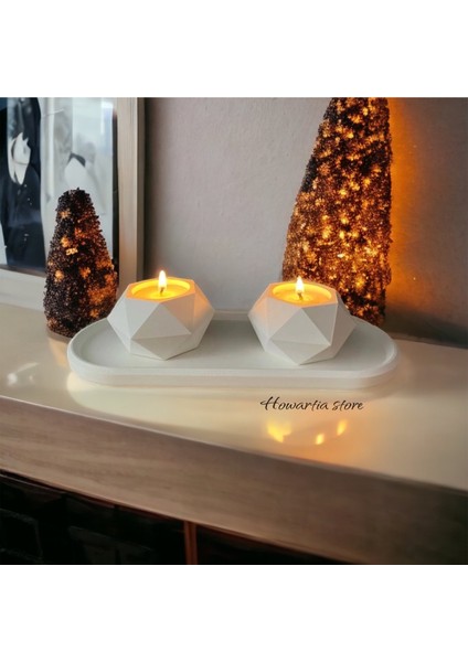 Dekoratif Beton Tabaklı Geometrik Tealight Mumluk Seti ( Tealight Mumlar Dahildir)