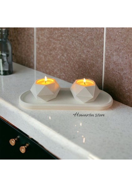 Dekoratif Beton Tabaklı Geometrik Tealight Mumluk Seti ( Tealight Mumlar Dahildir)