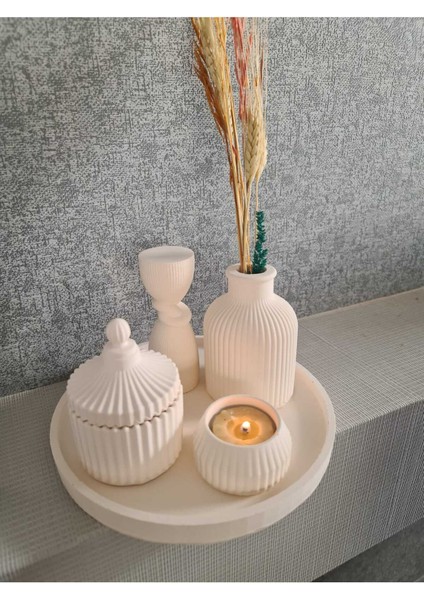 Dekoratif Yuvarlak Tepsi, Tealight Mumluk, Kapaklı Kutu, Iskandinav Vazo Düğüm Sütun Biblo Beton Set