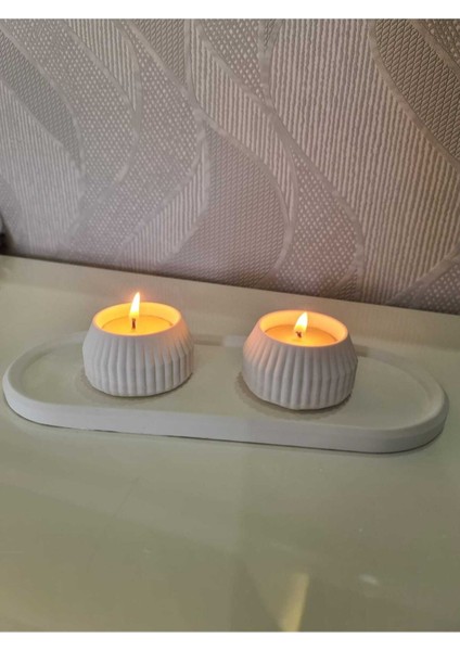 Dekoratif Tealight Mumluk Oval Tepsi Beton Set