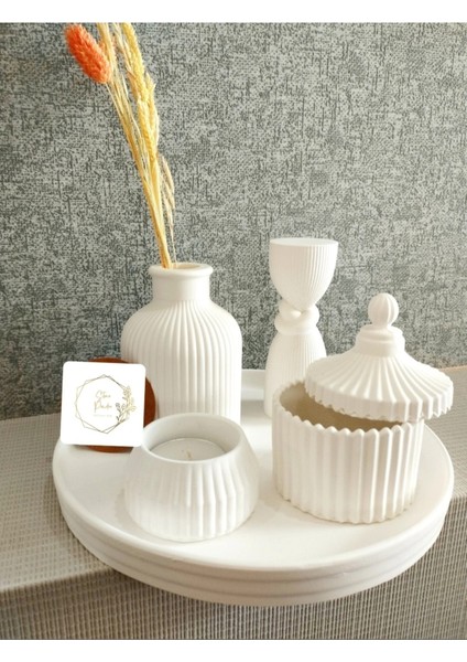 Dekoratif Yuvarlak Tepsi, Tealight Mumluk, Kapaklı Kutu, Iskandinav Vazo Düğüm Sütun Biblo Beton Set
