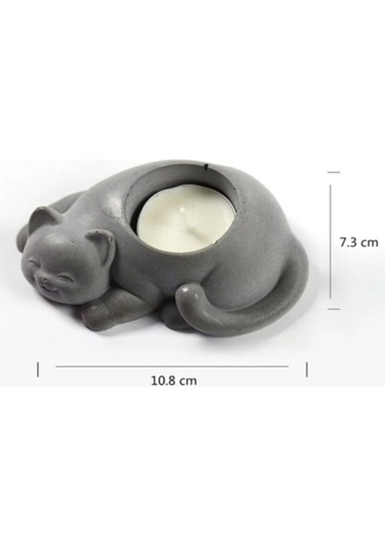 Beton - Dekoratif 2li Kedi Tealight Mumluk - Mum Hediyeli - Sarı & Kırmızı