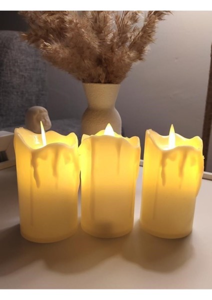 3 Lü LED Mum Tealight Erimiş Görünümlü Pilli Dekoratif LED Mum 5cmx 7 cm