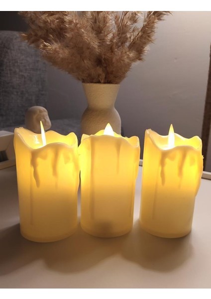 3 Lü LED Mum Tealight Erimiş Görünümlü Pilli Dekoratif LED Mum 5cmx 9 cm