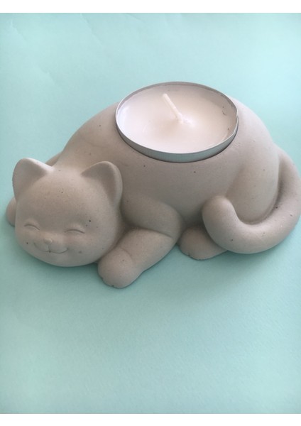 Beton - Dekoratif Kedi Tealight Mumluk - Mum Hediyeli - Naturel