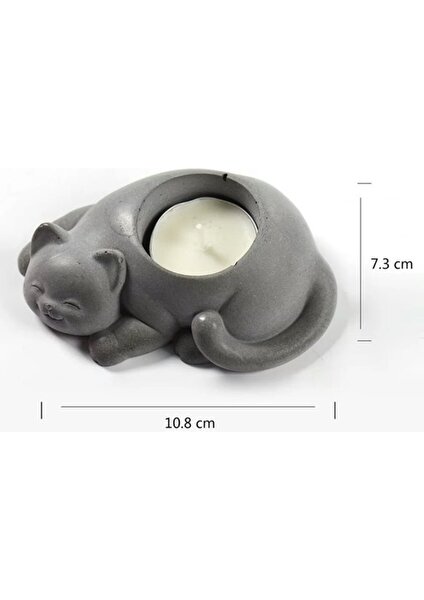 Beton - Dekoratif Kedi Tealight Mumluk - Mum Hediyeli - Naturel