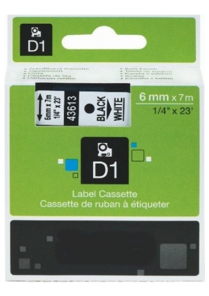 Dymo D1 43613 720780 6 mm x 7 mt . Muadil Beyaz Etikete Siyah Yazı Şerit Etiket Kaseti