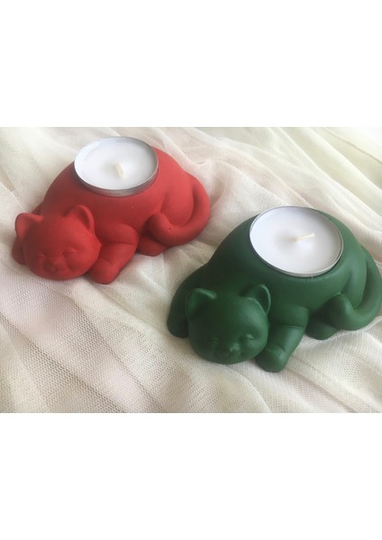 Hobimiz İşimiz  Beton - Dekoratif 2li Kedi Tealight Mumluk - Mum Hediyeli - Yeşil & Kırmızı