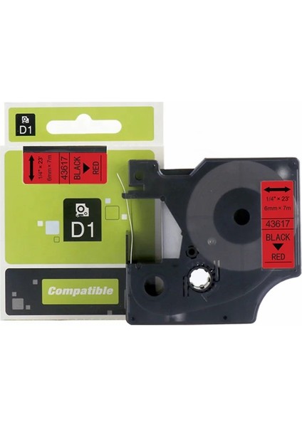 Dymo D1 43617 6 mm x 7 mt . Muadil Kırmızı Etikete Siyah Yazı Şerit Etiket Kaseti