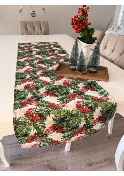 Runner Kokina Çiçekli Yılbaşı Noel Yeşil Kırmızı Dikdörtgen 43X140 cm Christmas Sofra Newyear Ranır