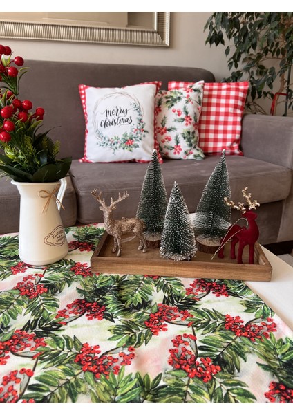 Runner Kokina Çiçekli Yılbaşı Noel Yeşil Kırmızı Dikdörtgen 43X140 cm Christmas Sofra Newyear Ranır modelleri