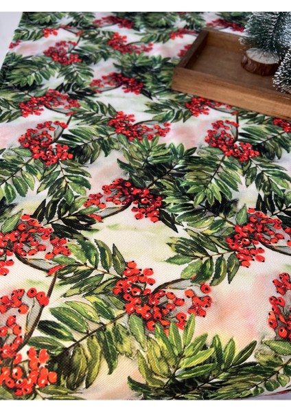 Runner Kokina Çiçekli Yılbaşı Noel Yeşil Kırmızı Dikdörtgen 43X140 cm Christmas Sofra Newyear Ranır fırsatları