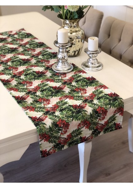 Runner Kokina Çiçekli Yılbaşı Noel Yeşil Kırmızı Dikdörtgen 43X140 cm Christmas Sofra Newyear Ranır indirimleri